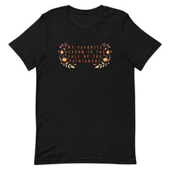 Empowering black feminist shirt featuring 'My Favorite Season Is The Fall Of The Patriarchy in orange writing- shop feminist apparel, political clothing and acab t-shirts