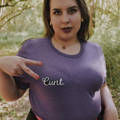 Empowering purple triblend feminist t shirt with the message "Cunt" in white writing- define feminism with our feminist tees, pride clothes, dump him shirts and political clothing