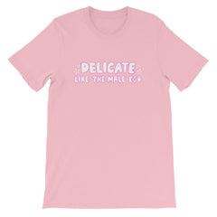 pink feminist t-shirt that says 'Delicate Like the Male Ego in white bubble writing with pink accents and small daisy illustrations- shop feminist apparel, dump him shirts and political clothes.