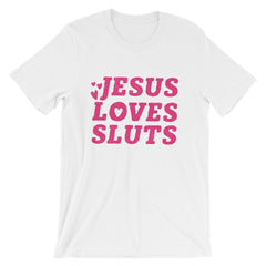 White feminist t-shirt that says 'Jesus Loves Sluts' in red hand lettered writing- shop Feminist Trash for feminist apparel, political clothing, acab t-shirts, pride outfits and dump him shirts.