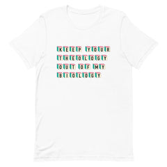 White feminist t-shirt boldly declaring "Keep Your Theology Out of My Biology."- shop feminist trash for political clothes and clothing for pride