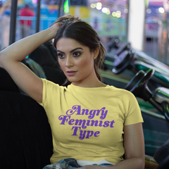 Yellow feminist t-shirt conveying: "Angry Feminist Type."- shop Feminist Trash for a range of feminist tees, political clothing, pride outfits, dump him shirts and witchy outfits