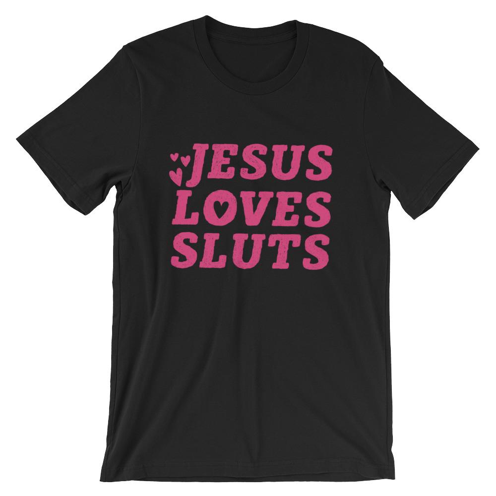 Black feminist t-shirt that says 'Jesus Loves Sluts' in red hand lettered writing- shop Feminist Trash for feminist apparel, political clothing, acab t-shirts, pride outfits and dump him shirts.