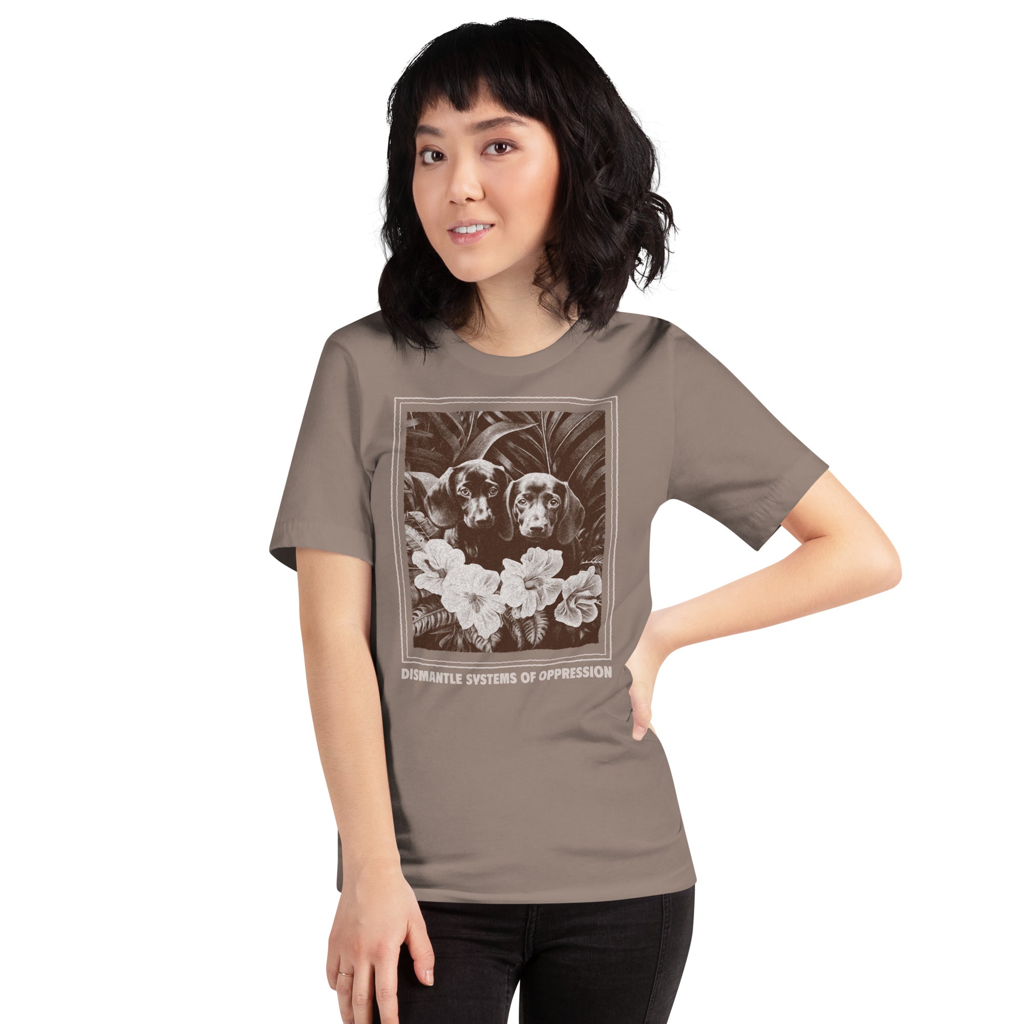 A woman wearing the Dismantle Systems of Oppression shirt in mauve, styled for a modern grunge and vintage aesthetic.