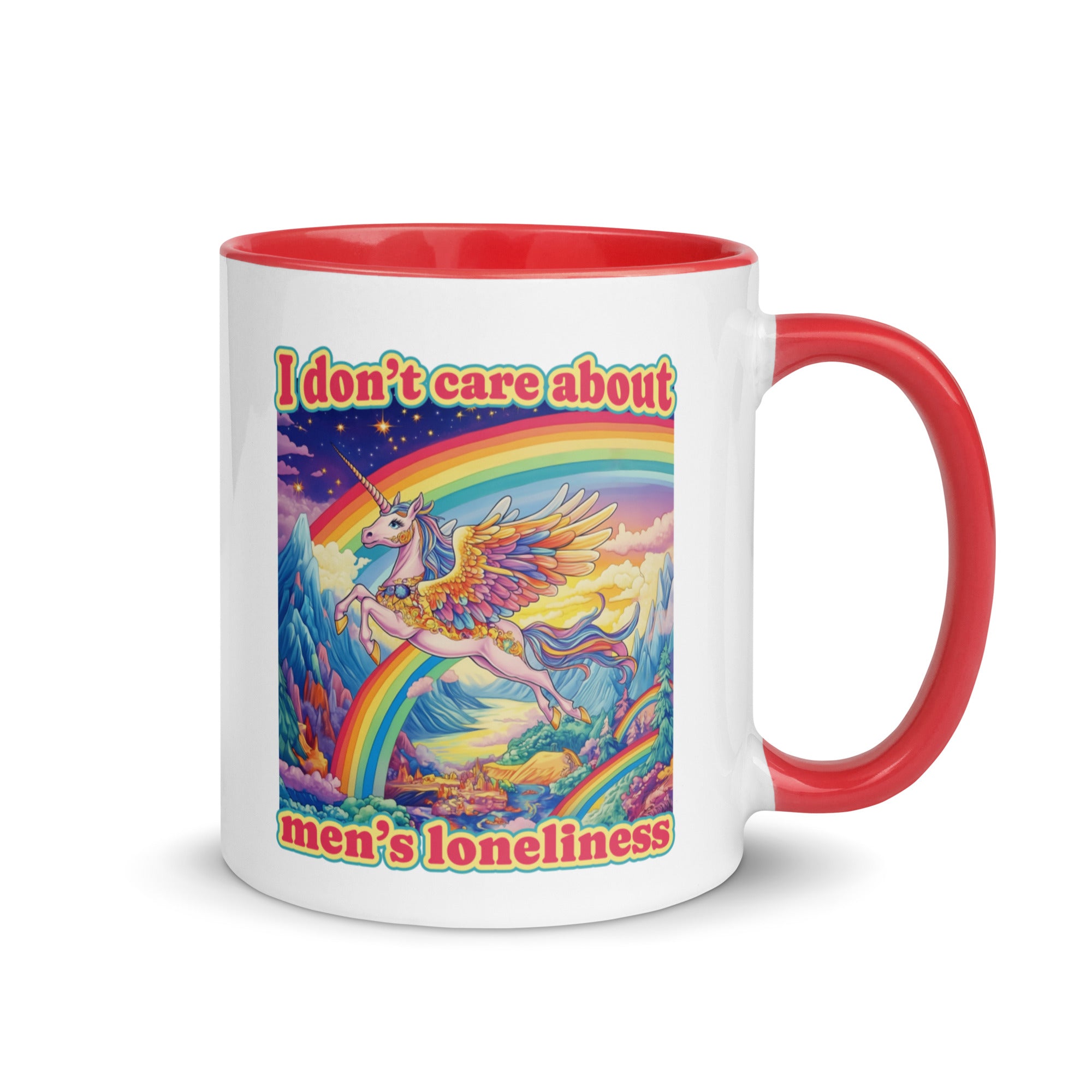 Feminist Trash slogan mug with a psychedelic unicorn design. This feminist home decor piece features a red accent handle and high-contrast rainbow graphics centered on social commentary regarding emotional labor.