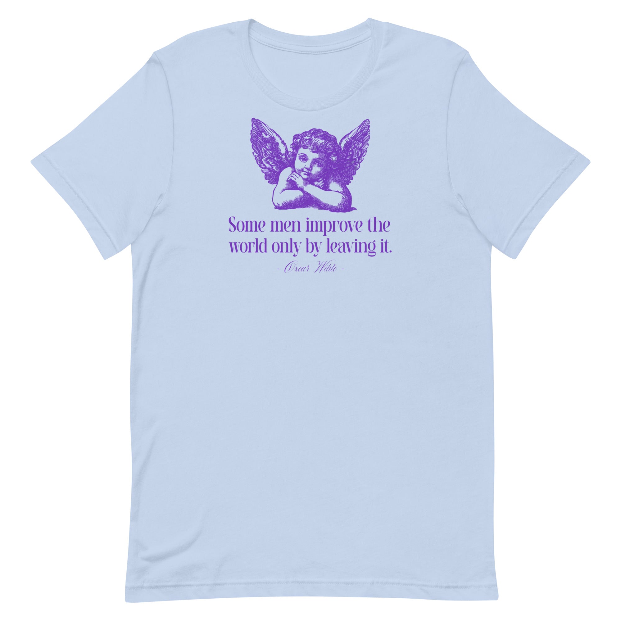 Baby blue feminist shirt made from sustainable materials with a purple angel illustration and a humorous misandry-themed quote by Oscar Wilde.