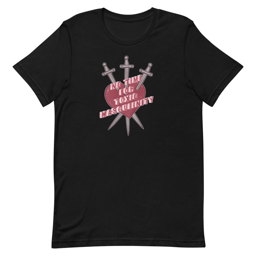 Feminist t shirt in black with 'No Time for Toxic Masculinity' text and Three of Swords tarot imagery, promoting gender equality and empowerment. Explore feminist t-shirts, political clothing and funny t shirts for women at feminist trash