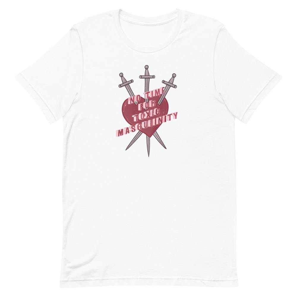 Feminist t-shirt in white with 'No Time for Toxic Masculinity' text and Three of Swords tarot imagery, promoting gender equality and empowerment. Explore feminist t shirts, funny t shirts for women and political clothing