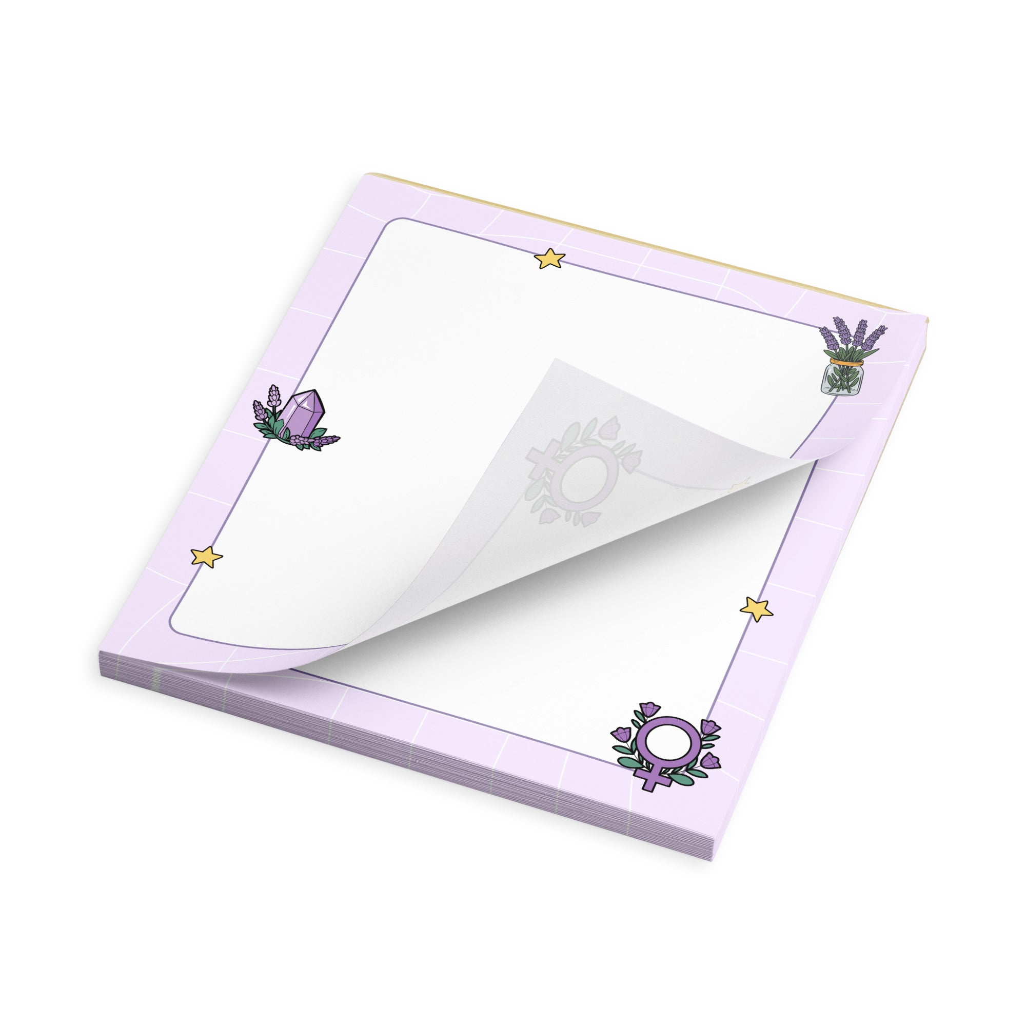 witchy feminist notepad with lavender, amethyst and star illustrations. Shop Feminist Trash for cute stationery and feminist notepads