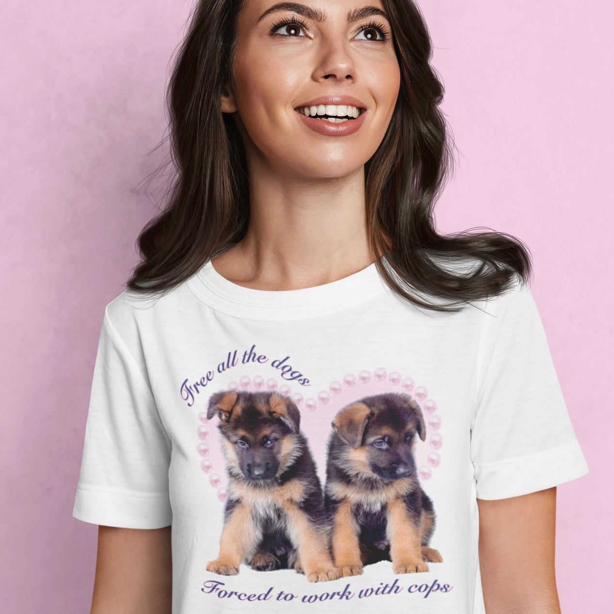 white acab shirt that says free all the dogs forced to work with cops featuring two cute Rottweiler puppies- shop feminist trash for acab t-shirts and political t shirts