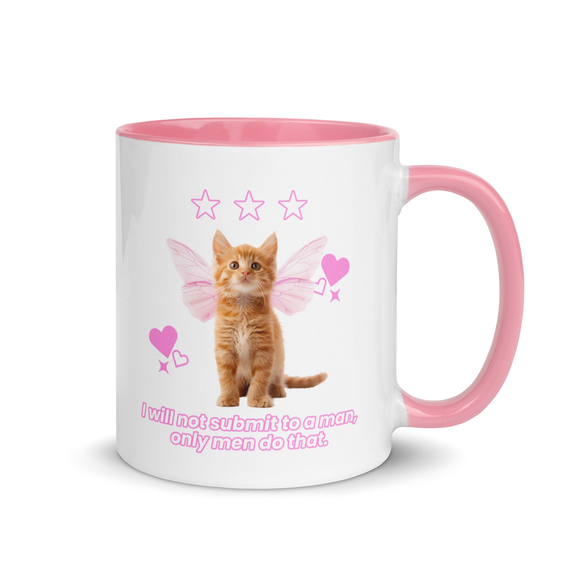 Funny feminist cat mug featuring a cute orange tabby fairy kitten and stars. Bold pink feminist quote about not submitting to men. Perfect for coquette activist decor or a witty feminist gift