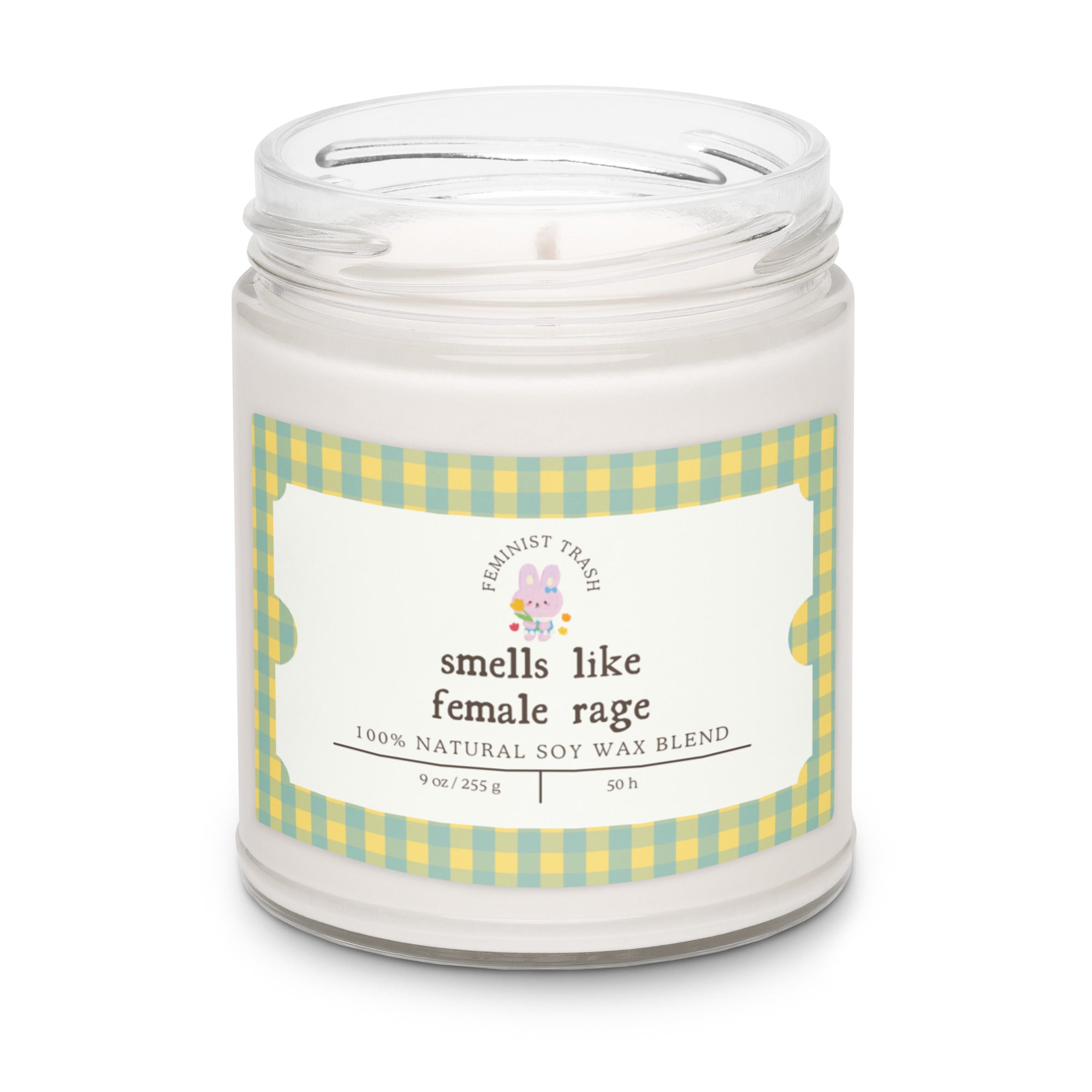 funny feminist candle that says smells like female rage- shop feminist trash for women's rights merchandise