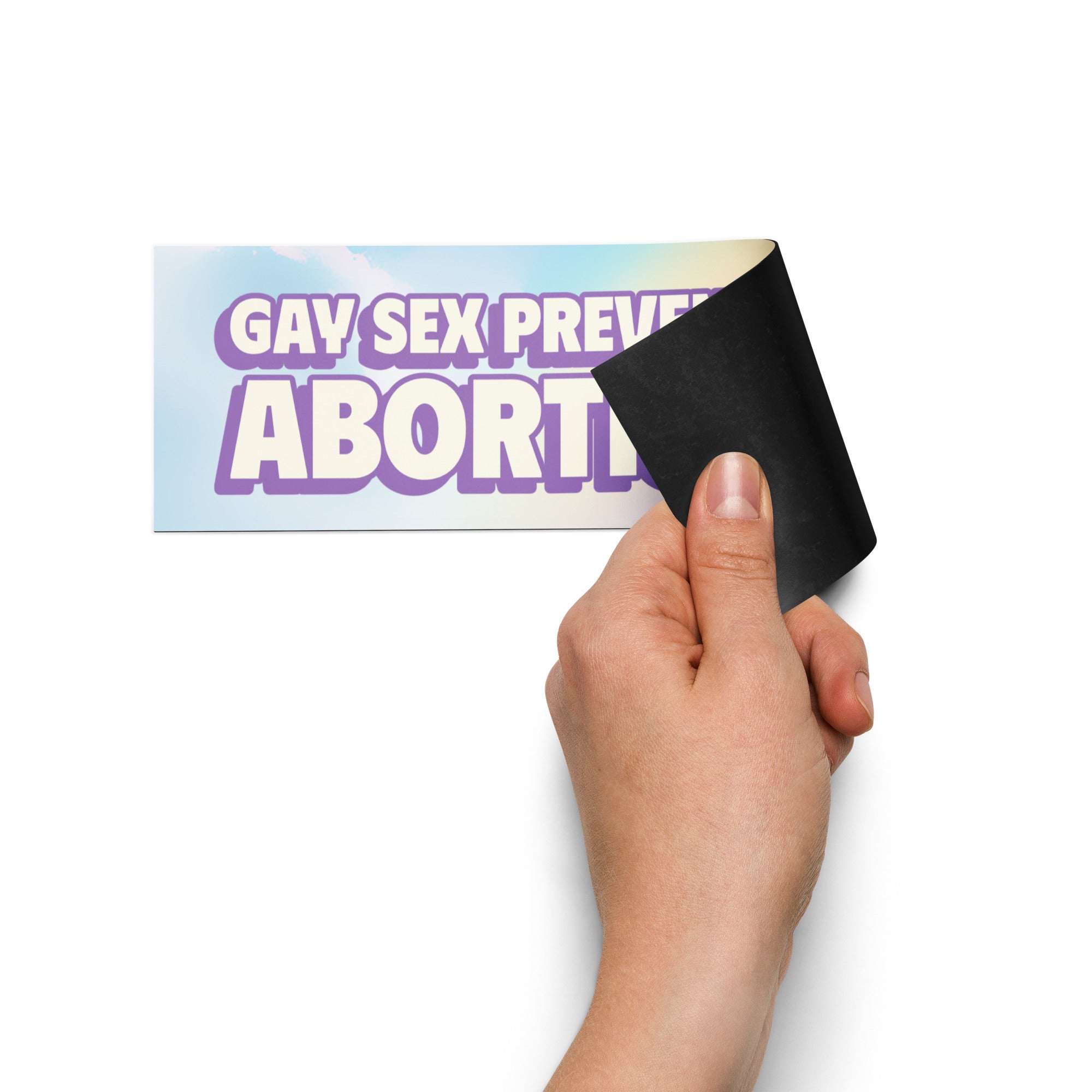 funny car magnet that says gay sex prevents abortion on a blue and rainbow background featuring a smiling dolphin. Shop feminist trash for magnetic bumper stickers and political clothing.
