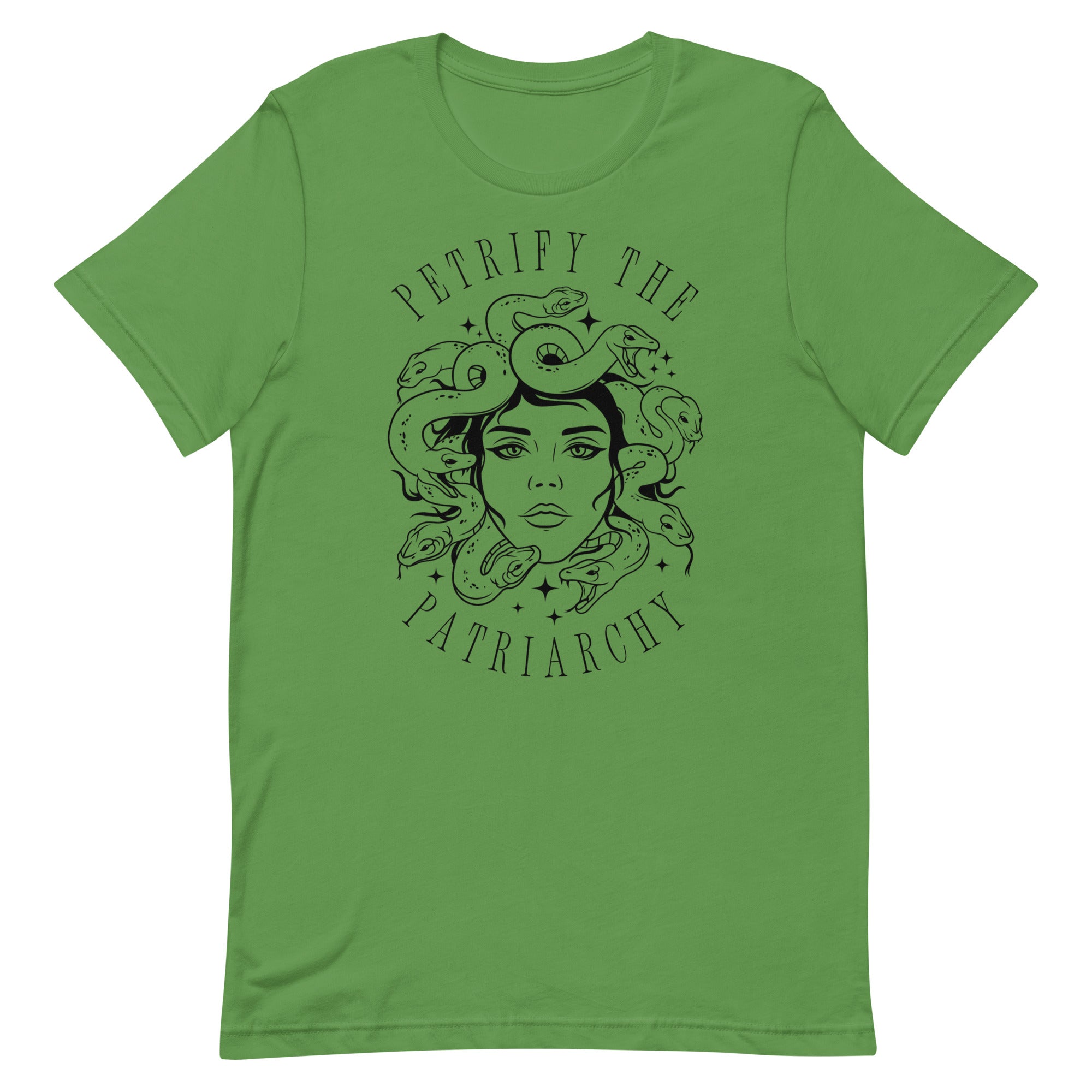 green witchy feminist shirt that says petrify the patriarchy featuring a medusa illustration- Shop feminist trash for feminist t-shirt and dump him shirts