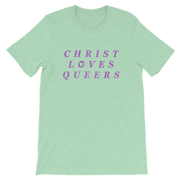 Mint Pride T-Shirt that says christ loves queers in purple writing- define pride with our pride themed shirts and pride merch.
