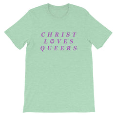 Mint Pride T-Shirt that says christ loves queers in purple writing- define pride with our pride themed shirts and pride merch.