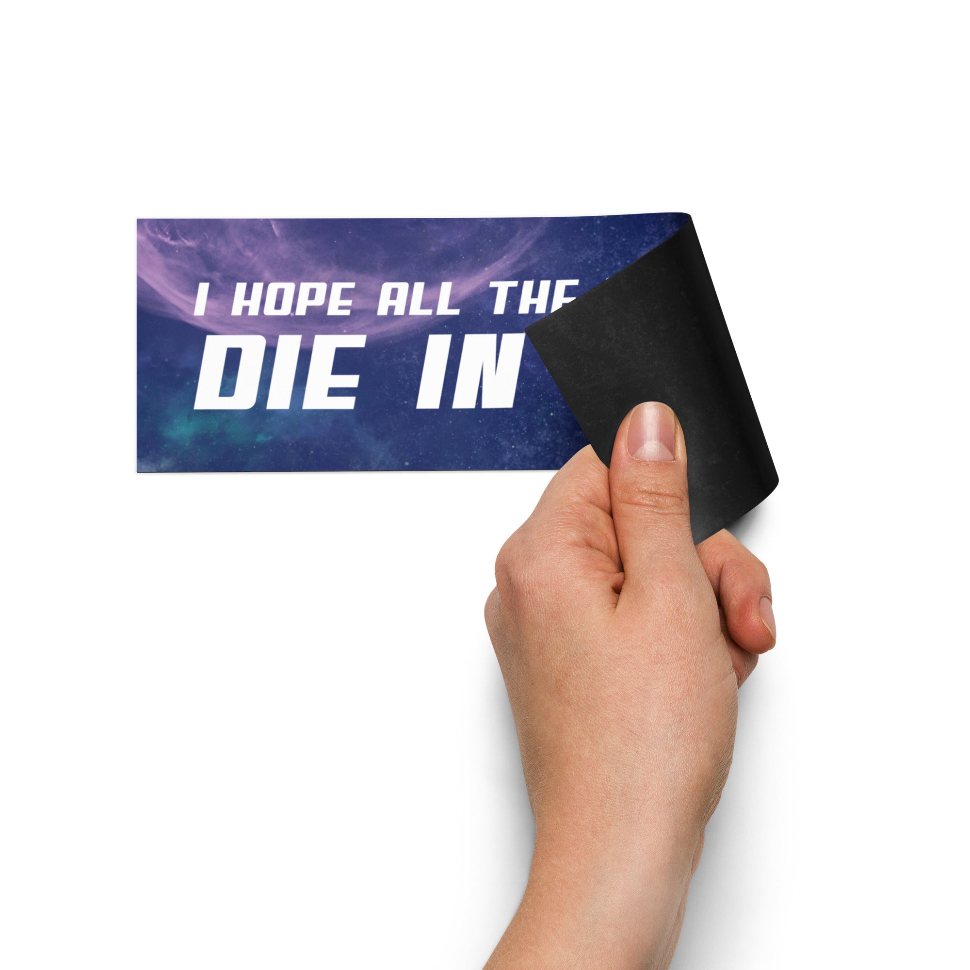 magnetic car sticker that says i hope all the billionaires die in space in white writing- shop feminist trash store for political clothing, magnetic bumper stickers and gay pride shirts