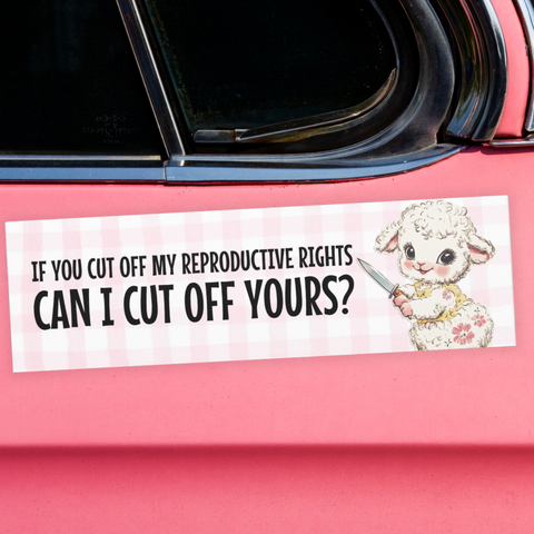 pink gingham car magnet that says if you cut off my reproductive rights can i cut off yours in black writing featuring a lamb holding a knife illustration- shop femin ist trash for feminist bumper stickers, pride merch and political clothing.