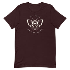 oxblood coloured political shirt that says jesus loves everyone you hate in white writing. featuring a tattoo moth illustration- shop feminist trash for feminist shirts and political clothing