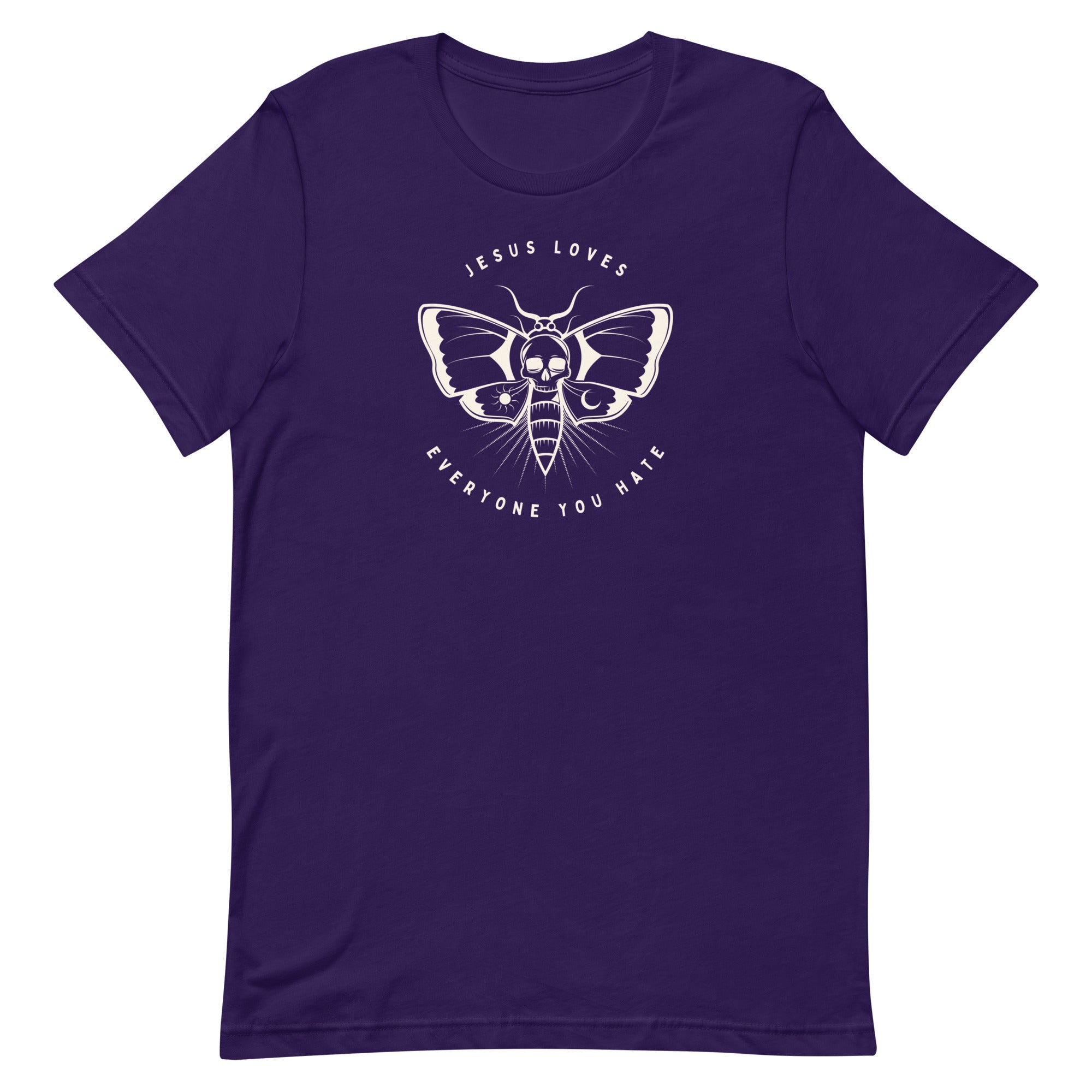dark purple coloured political shirt that says jesus loves everyone you hate in white writing. featuring a tattoo moth illustration- shop feminist trash for feminist shirts and political clothing