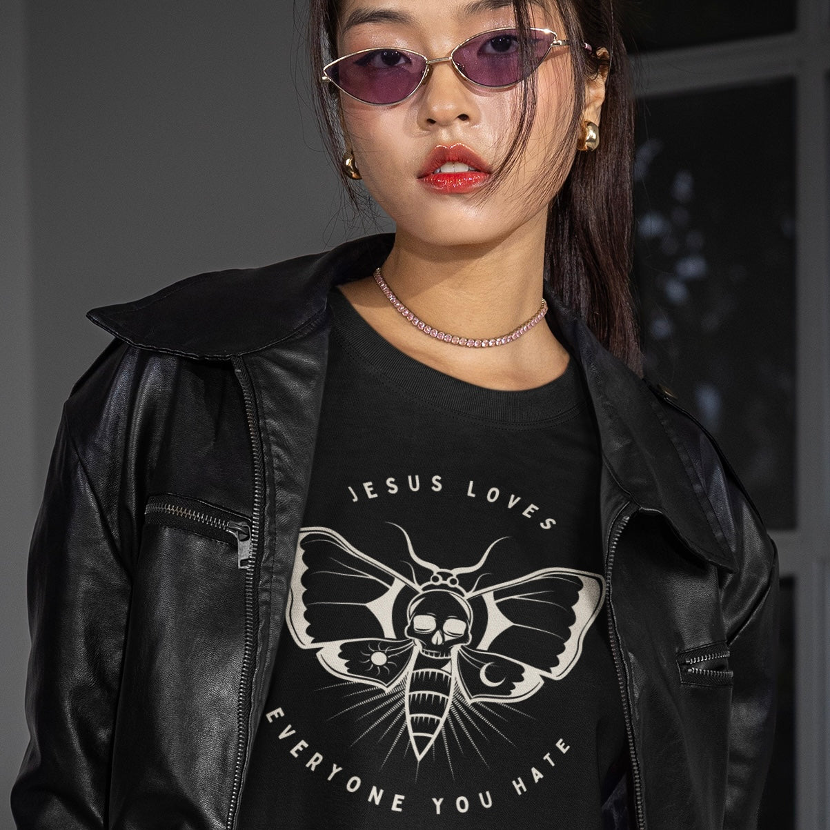 black political shirt that says jesus loves everyone you hate in white writing. featuring a tattoo moth illustration- shop feminist trash for feminist shirts and political clothing