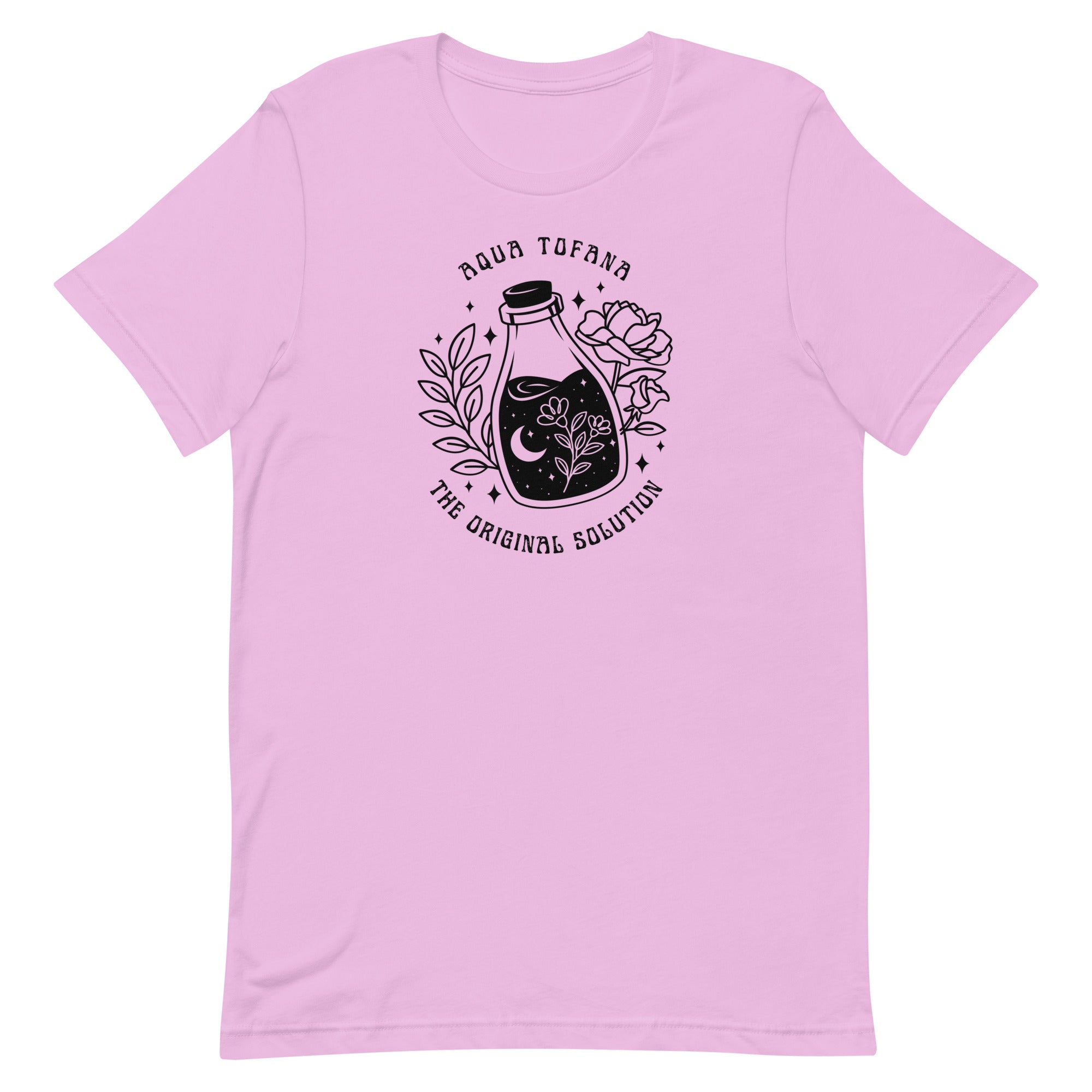 lilac feminist shirt that says aqua tofana the original solution in black art nouveau sstyle writing. Featuring a black tattoo style illustration of a poison bottle- Shop feminist trash for feminist tees and dump im shirts.