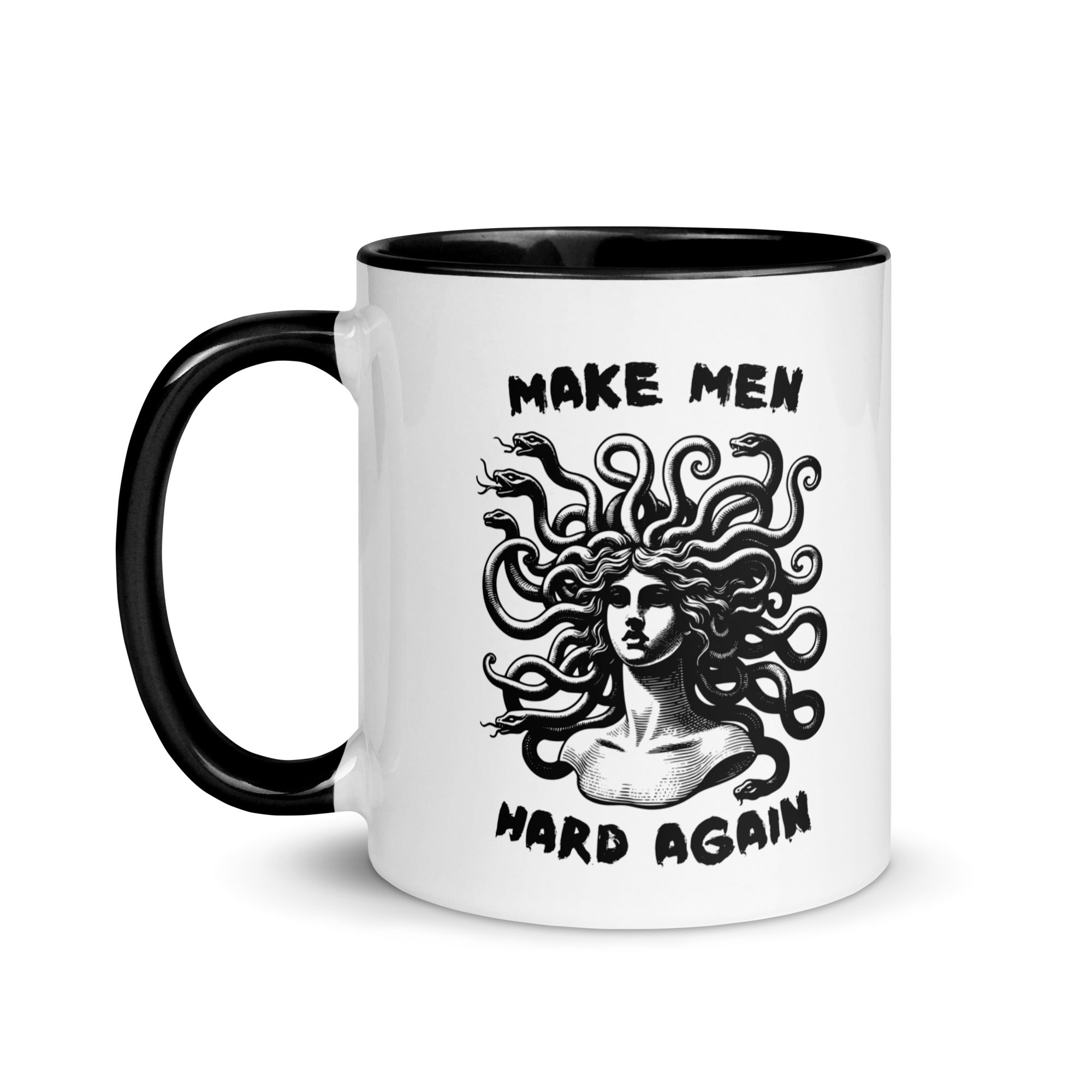 A white ceramic mug featuring a detailed navy blue illustration of Medusa's head with snakes for hair and the text "Make Men Hard Again."