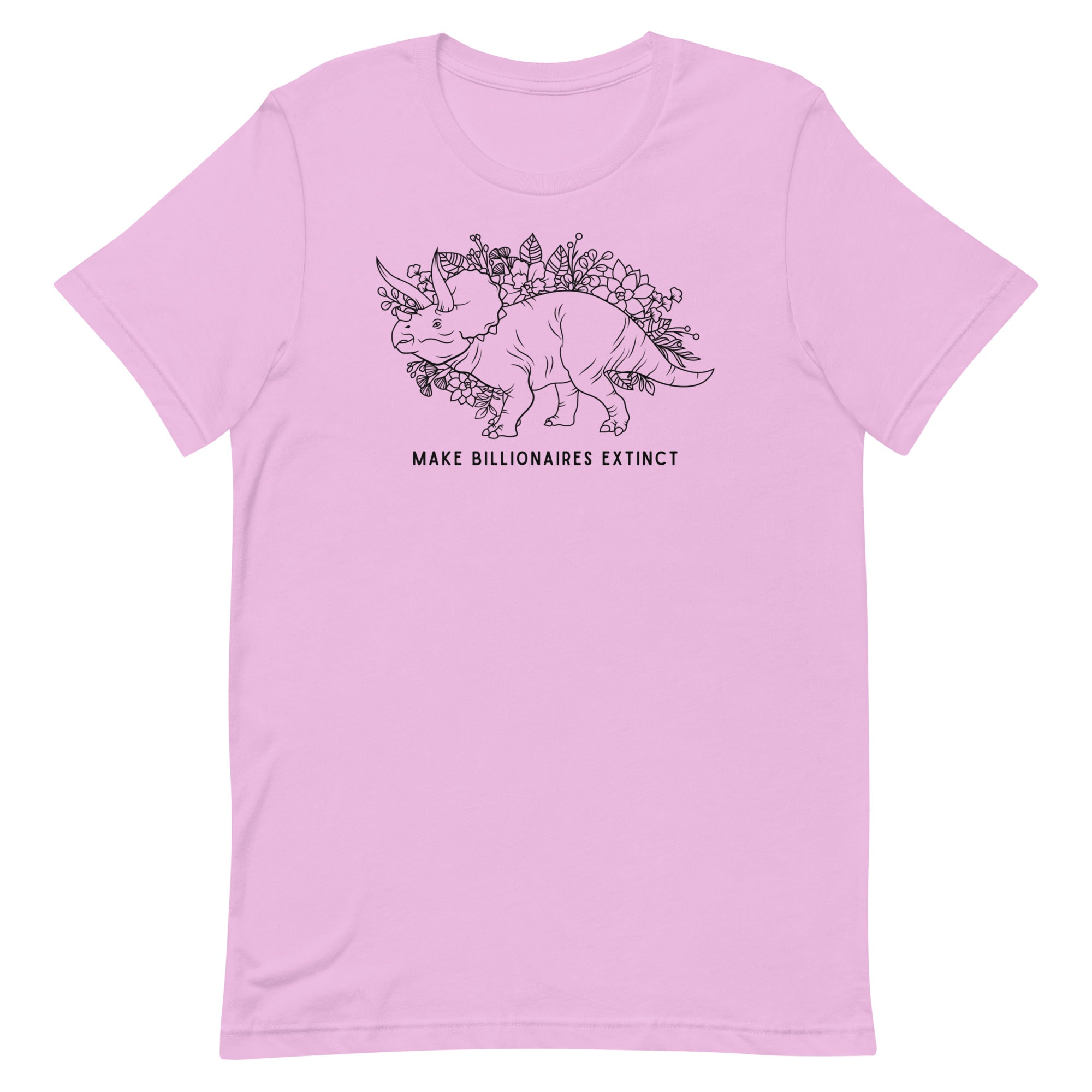 lilac political t-shirt that says make billionaires extinct in black writing. Featuting floral illustration of a Triceratops- Shop feminist trash for political clothing and feminist t-shirts