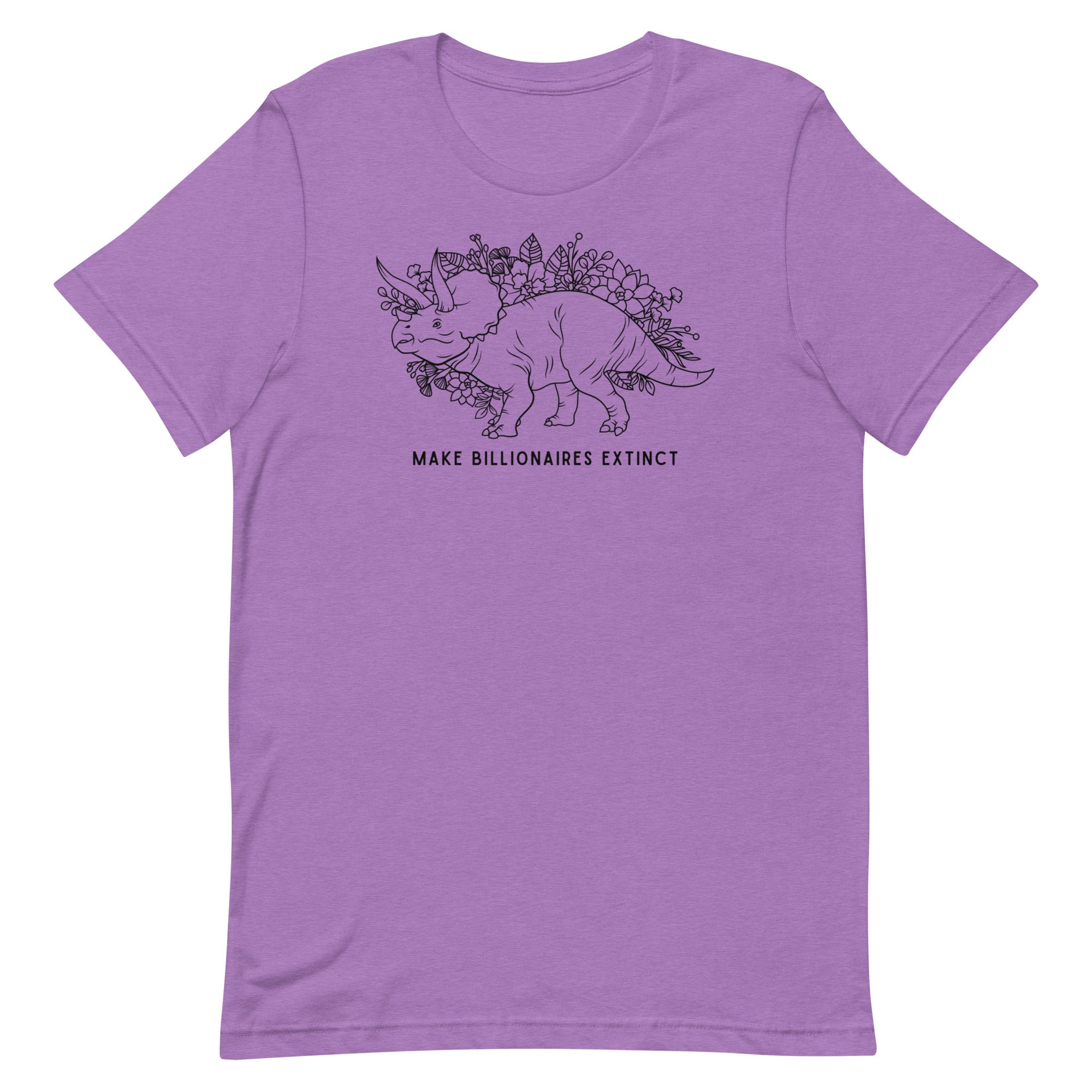 purple political t-shirt that says make billionaires extinct in black writing. Featuting floral illustration of a Triceratops- Shop feminist trash for political clothing and acab shirts