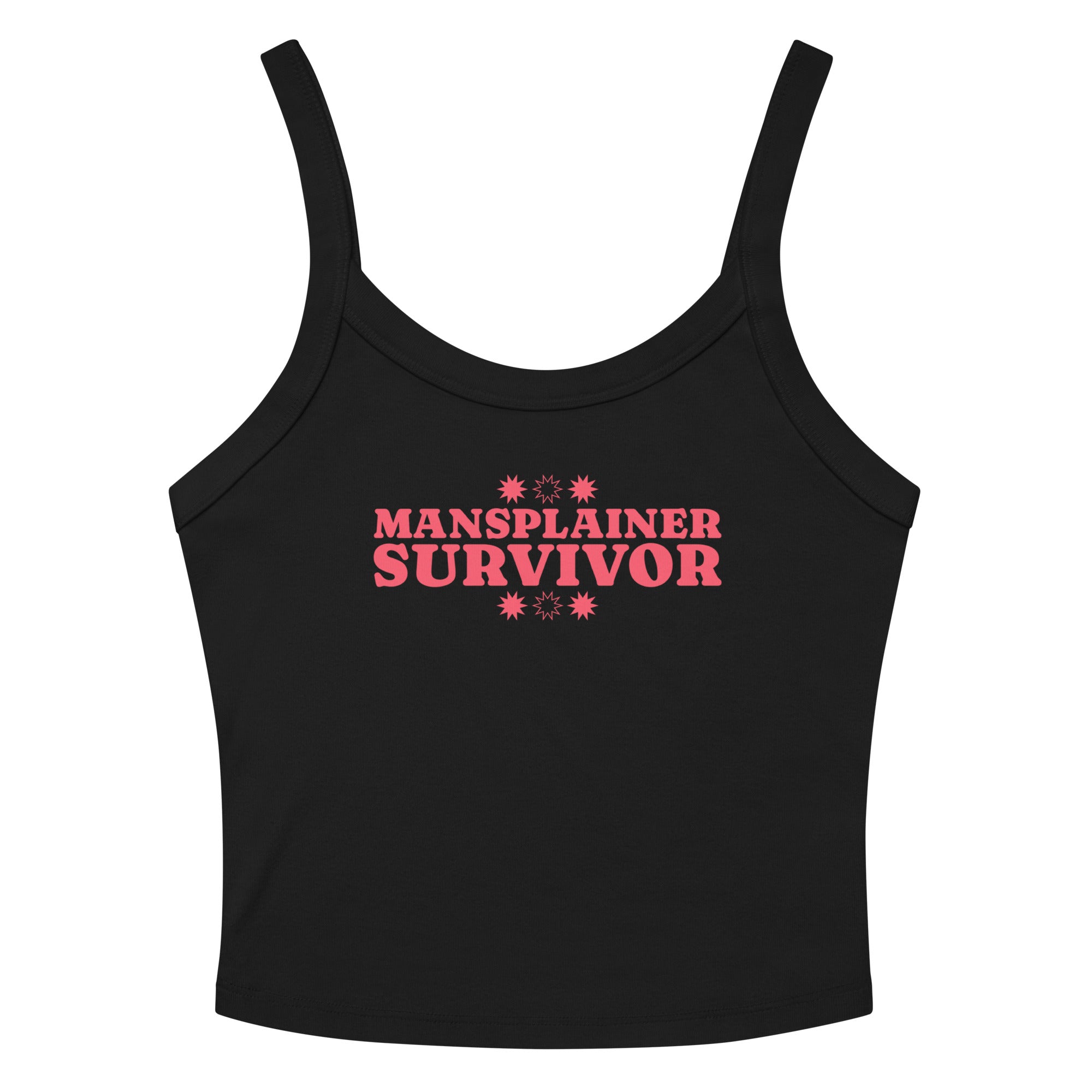 black feminist spaghetti strap tank top that says mansplainer survivor in bold red writing- shop feminist trash store for feminist tank tops and political tees