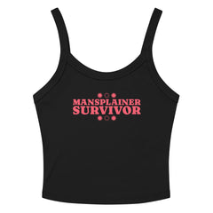 black feminist spaghetti  strap tank top that says mansplainer survivor in bold red writing- shop feminist trash store for feminist tank tops and political tees