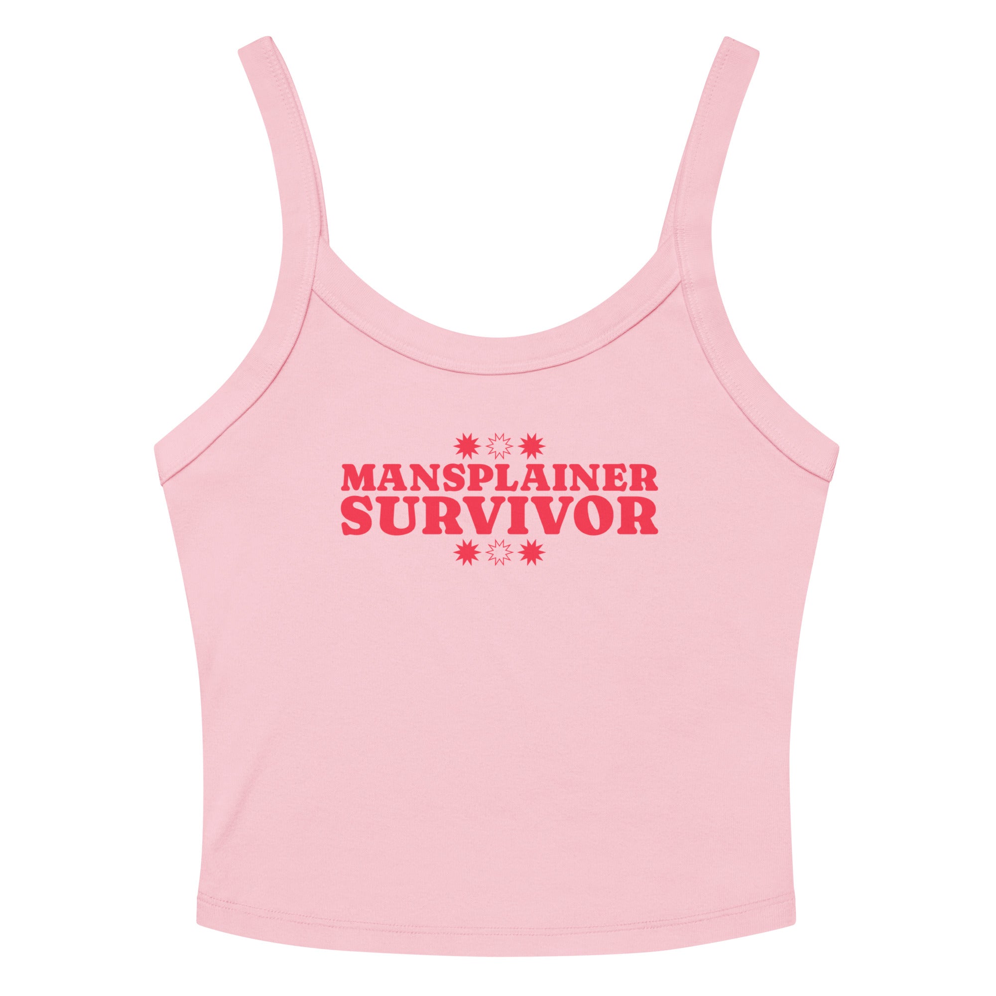 pink feminist spaghetti strap tank top that says mansplainer survivor in bold red writing- shop feminist trash store for feminist tank tops and political tees