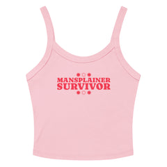 pink feminist spaghetti  strap tank top that says mansplainer survivor in bold red writing- shop feminist trash store for feminist tank tops and political tees