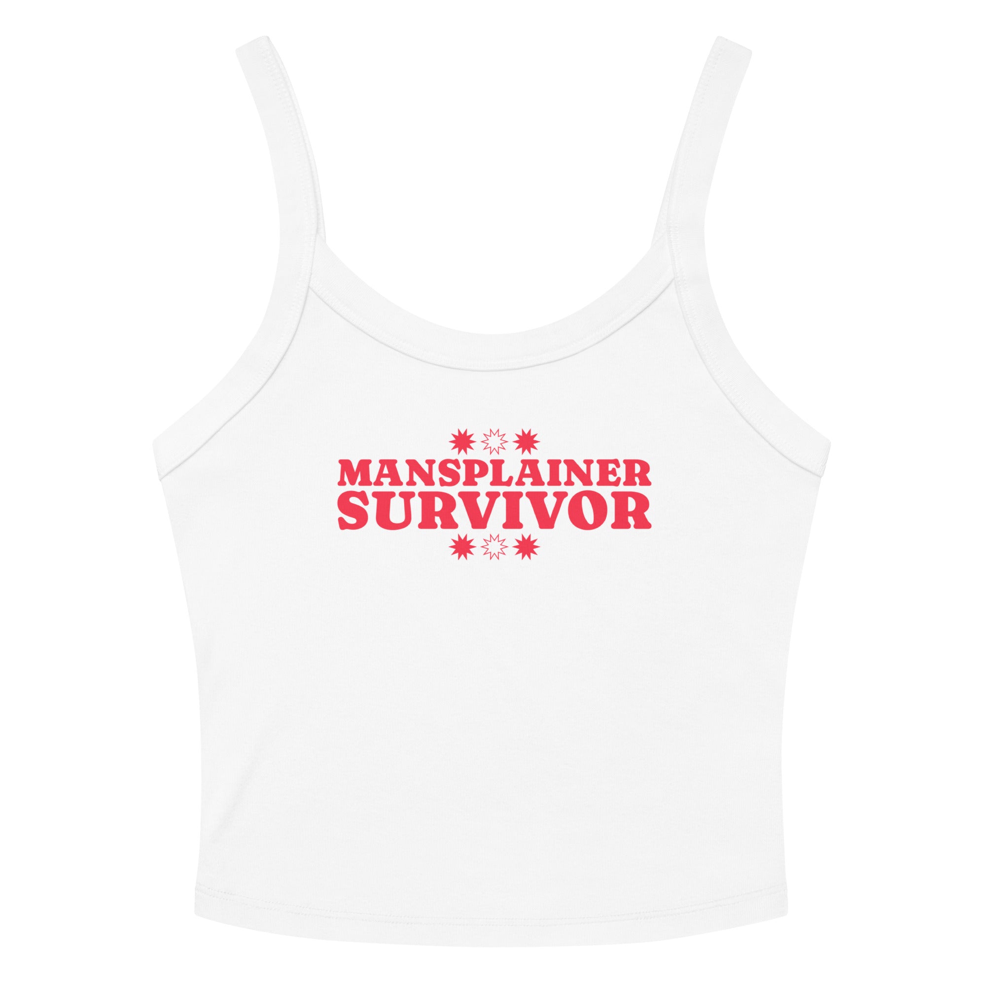 white feminist spaghetti strap tank top that says mansplainer survivor in bold red writing- shop feminist trash store for feminist tank tops and political tees