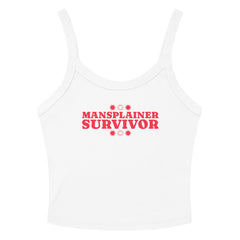 white feminist spaghetti  strap tank top that says mansplainer survivor in bold red writing- shop feminist trash store for feminist tank tops and political tees