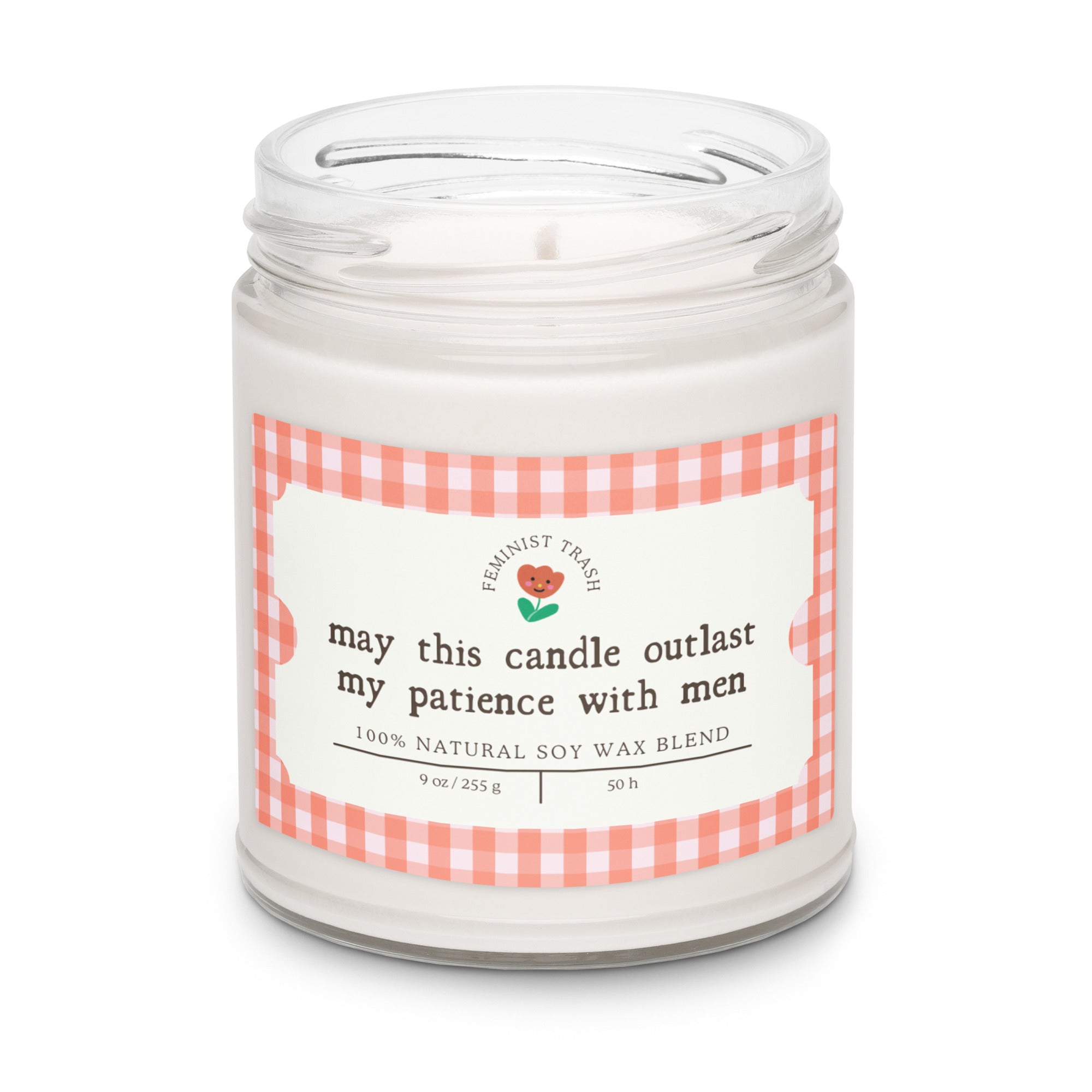 funny candle that says may this candle outlast my patience with men- shop feminist trash for feminist candles and women's march merchandise