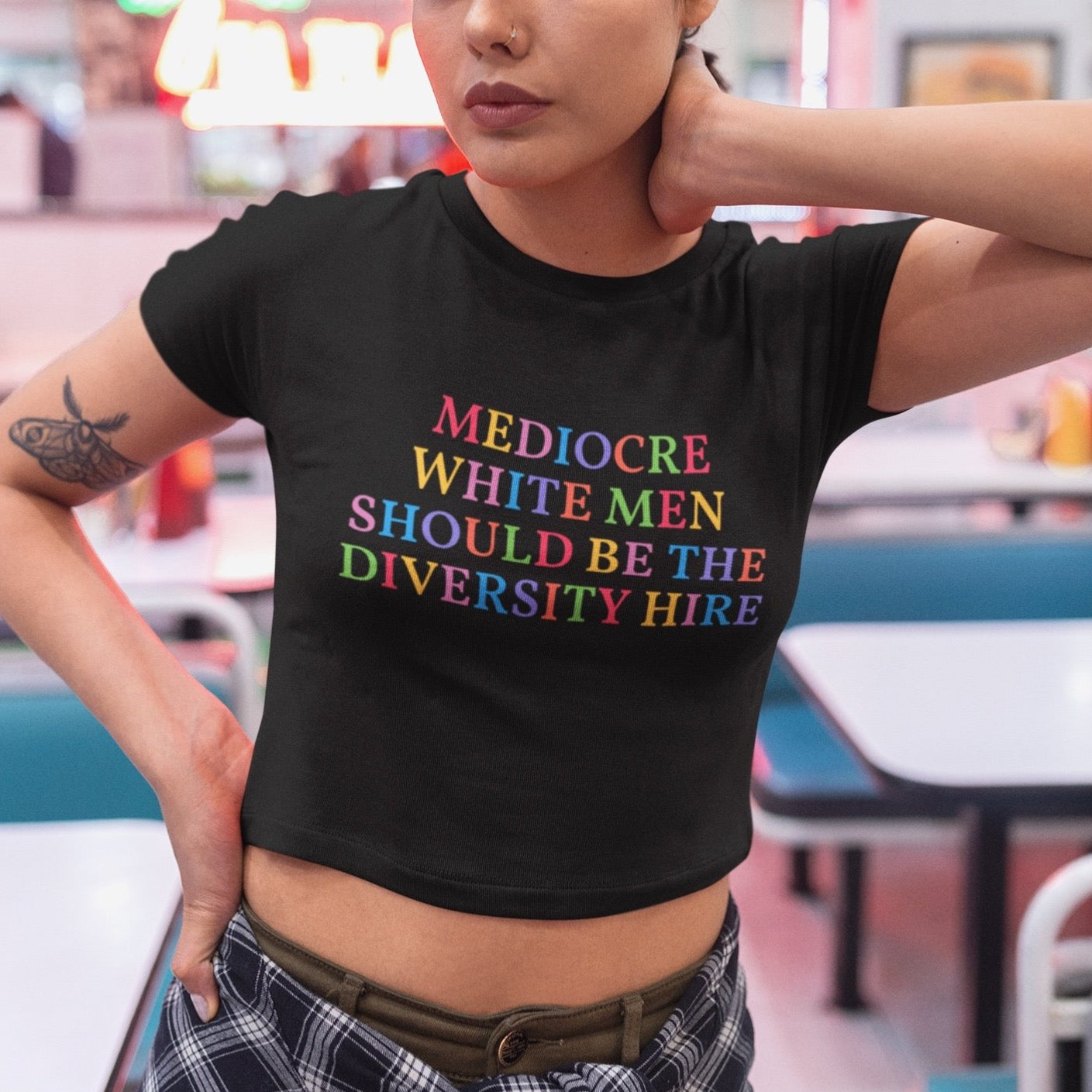 black all over print crop top that says mediocre white men should be the diversity hire in rainbow writing - Shop Empowering Feminist Apparel and dump him shirts