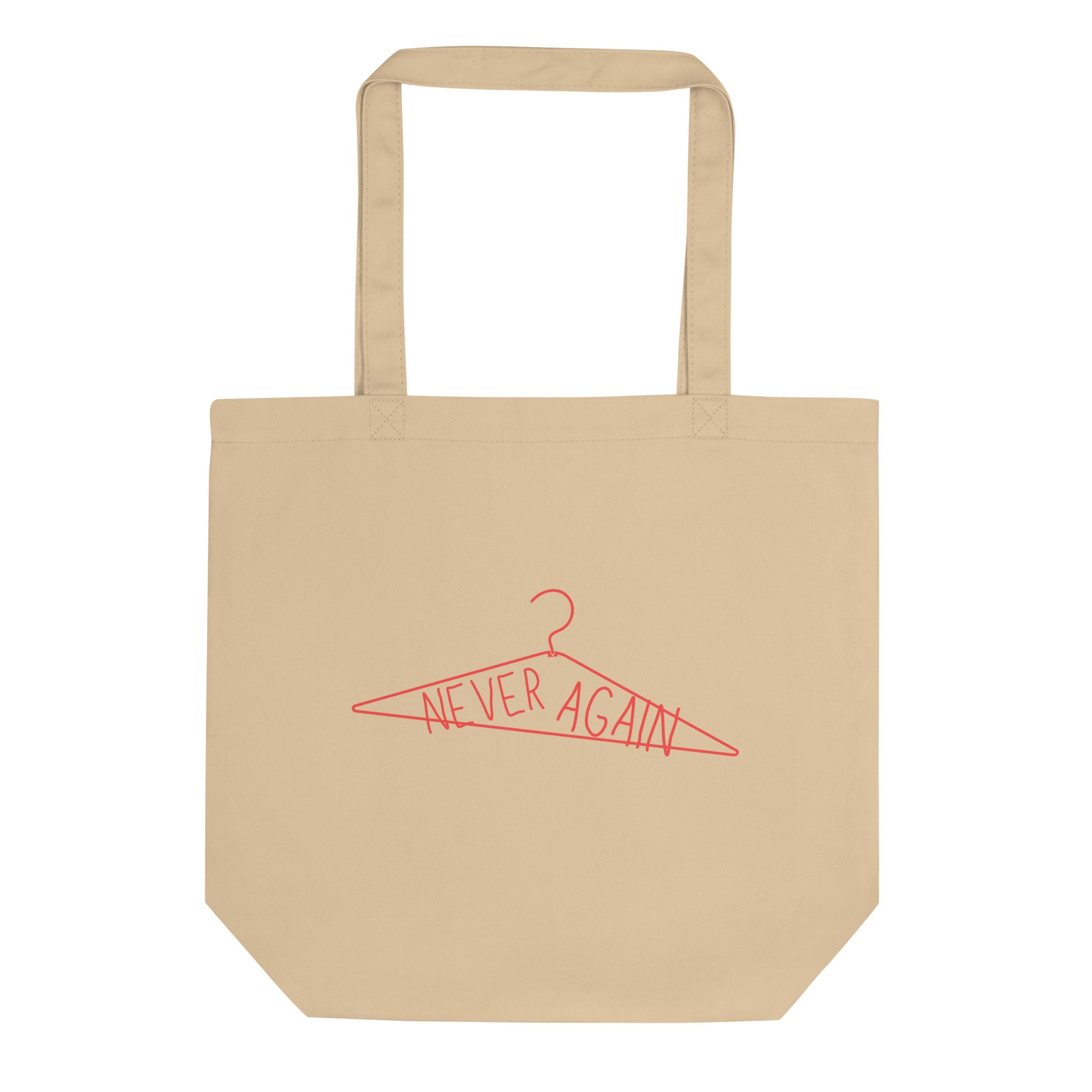 beige pro choice feminist tote bag that says never again inside an illustrated coat hanger- shop feminist trash for pro choice t-shirts and political clothes