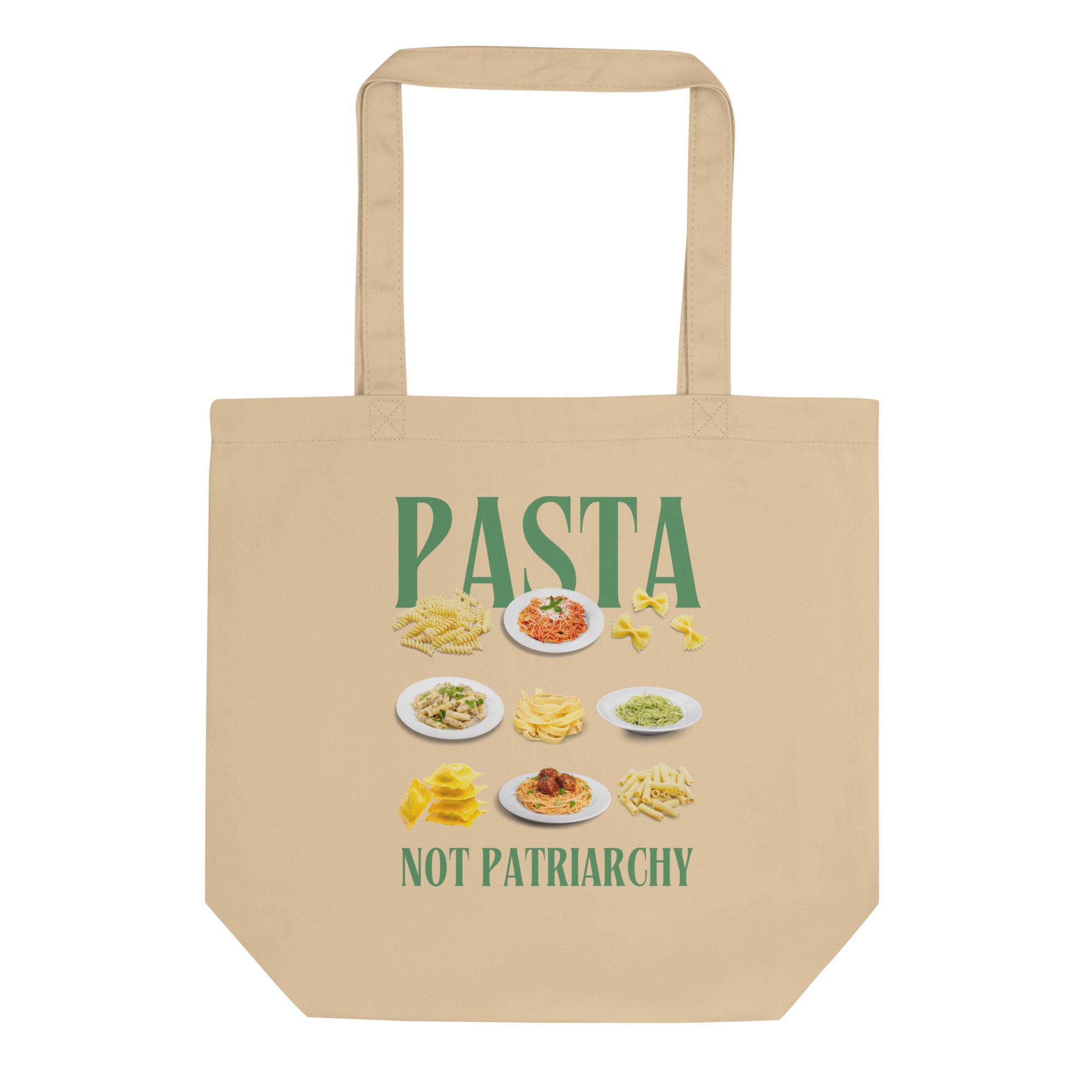 feminist tote bag that says pasta not patriarchy in green bold writing, featuring photos of different types of pasta- shop feminist trash for feminist apparel, dump him shirts, and political clothing