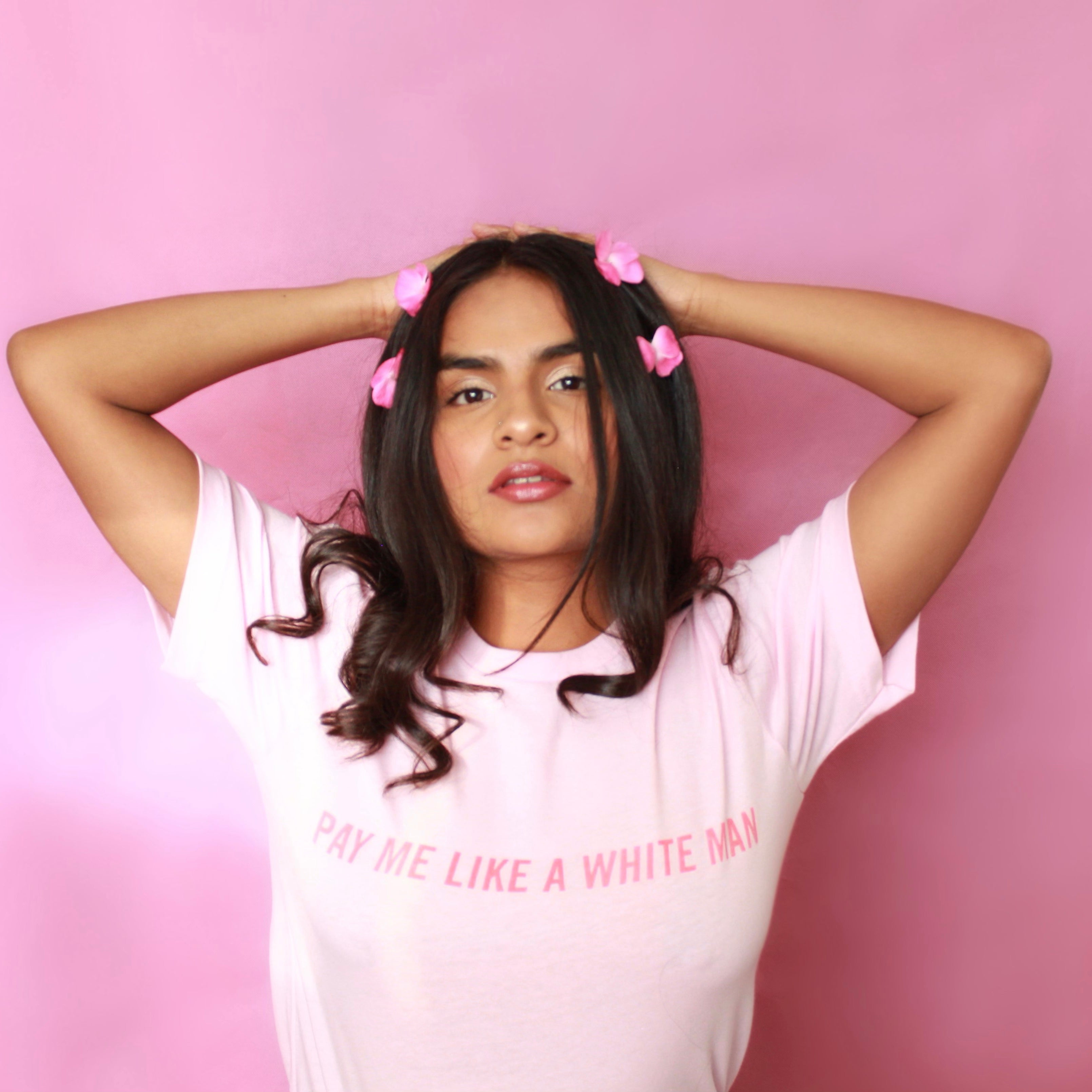 Pink Feminist T-shirt that says Pay Me Like A White Man in red writing- shop feminist apparel, dump him shirts, political clothing and funny t shirts for women