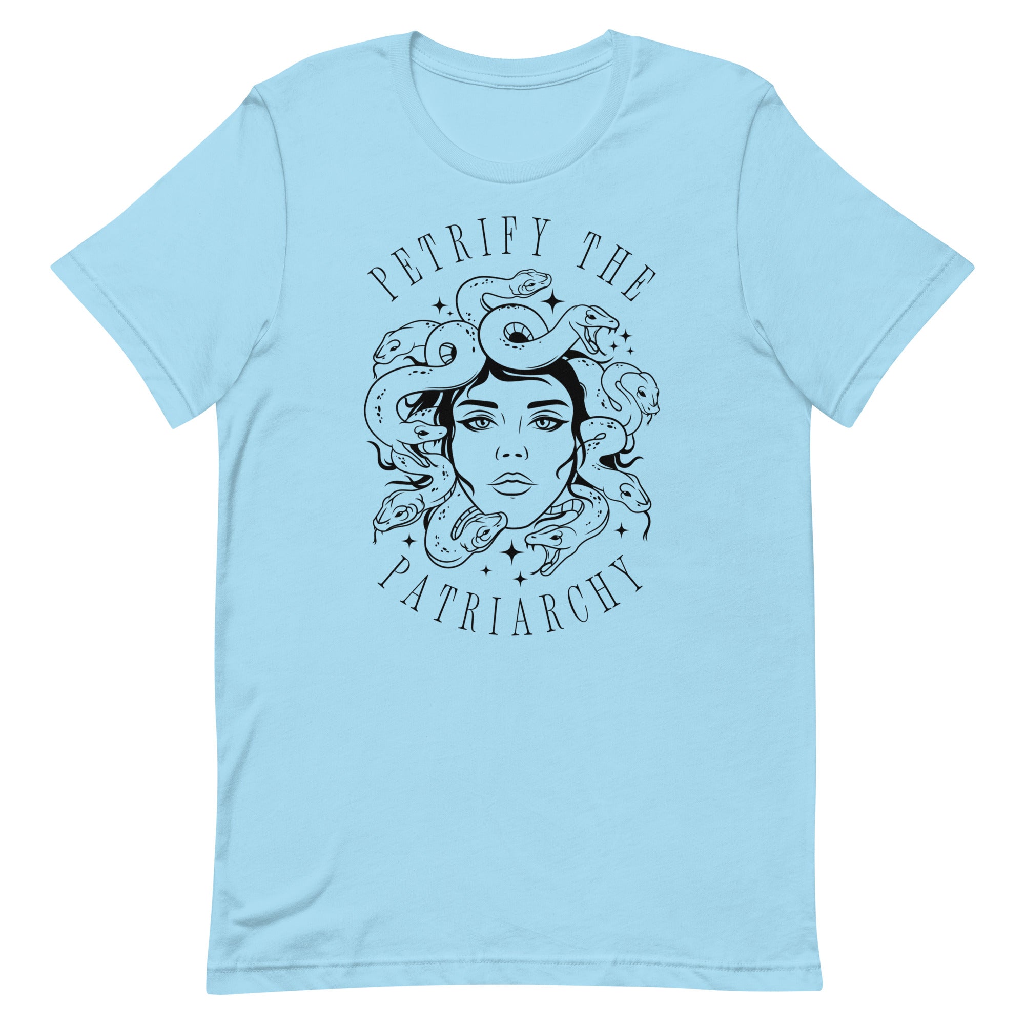blue witchy feminist shirt that says petrify the patriarchy featuring a medusa illustration- Shop feminist trash for feminist t-shirts and dump him t-shirts