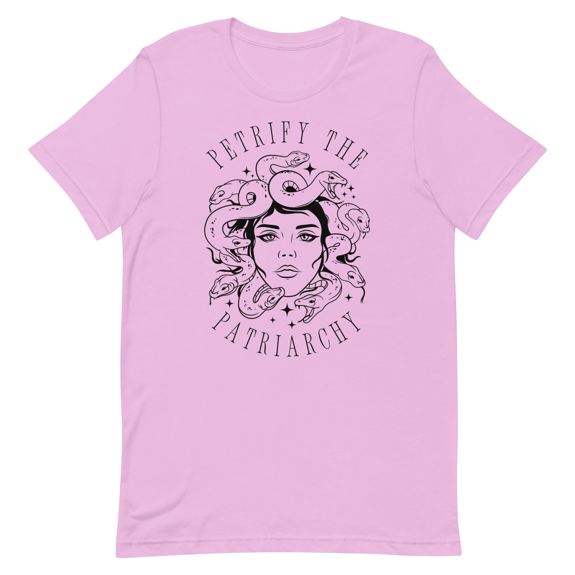 lilac witchy feminist shirt that says petrify the patriarchy featuring a medusa illustration- Shop feminist trash for feminist t-shirts and dump him shirts.