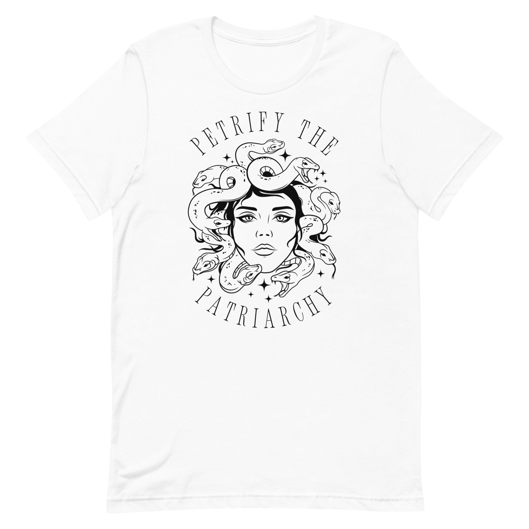white witchy feminist shirt that says petrify the patriarchy featuring a medusa illustration- Shop feminist trash for feminist shirts and dump him t-shirts