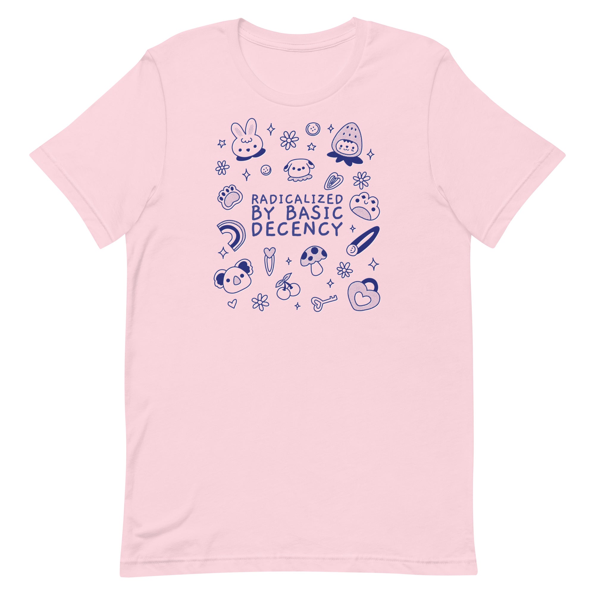 pink political t-shirt that says radicalized by basic decency in blue writing featuring cute illustrations- shop feminist trash for political clothing and acab tshirts