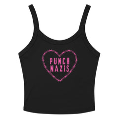 black spaghetti strap crop top that says punch nazis in pink distressed writing inside of a barbed wire heart. Shop feminist trash for political shirts, acab tees and feminist shirts