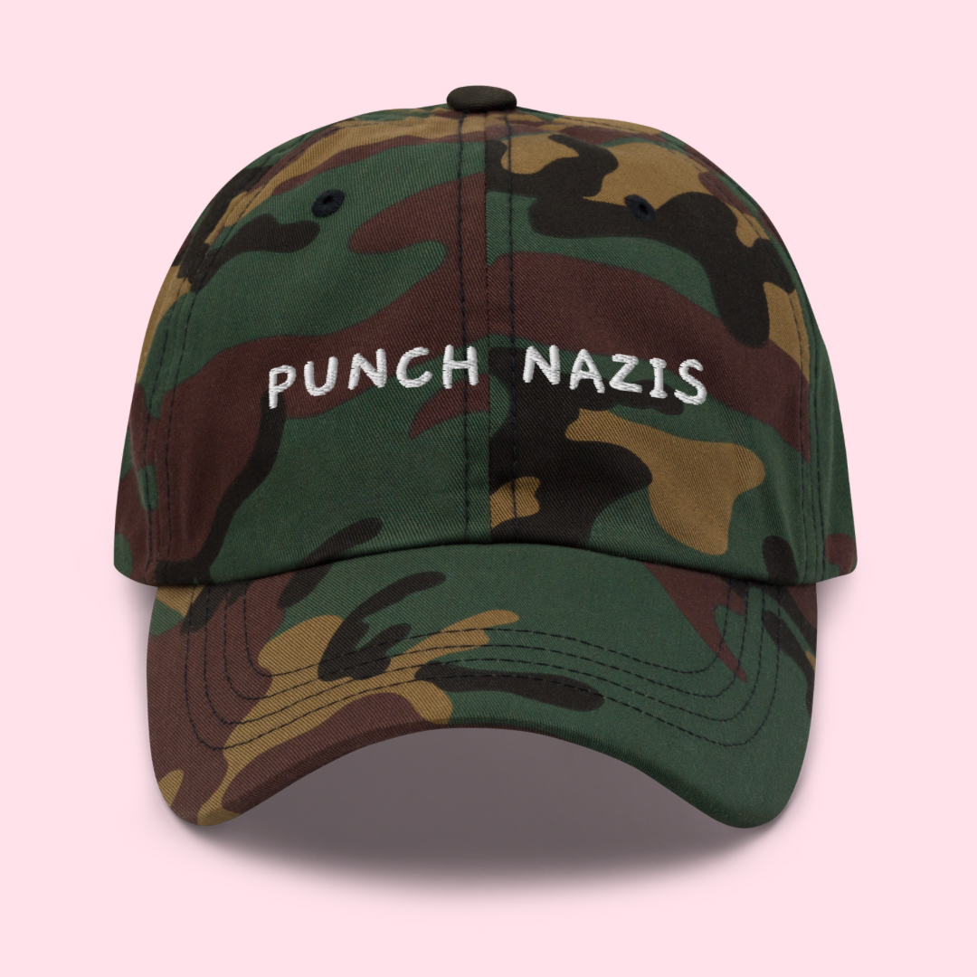 camo political hat that says punch nazis in white embroidery- shop feminist trash for funny women's hats and political clothes