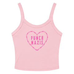 pink spaghetti strap crop top that says punch nazis in pink distressed writing inside of a barbed wire heart. Shop feminist trash for political clothing, feminist apparel and acab tees