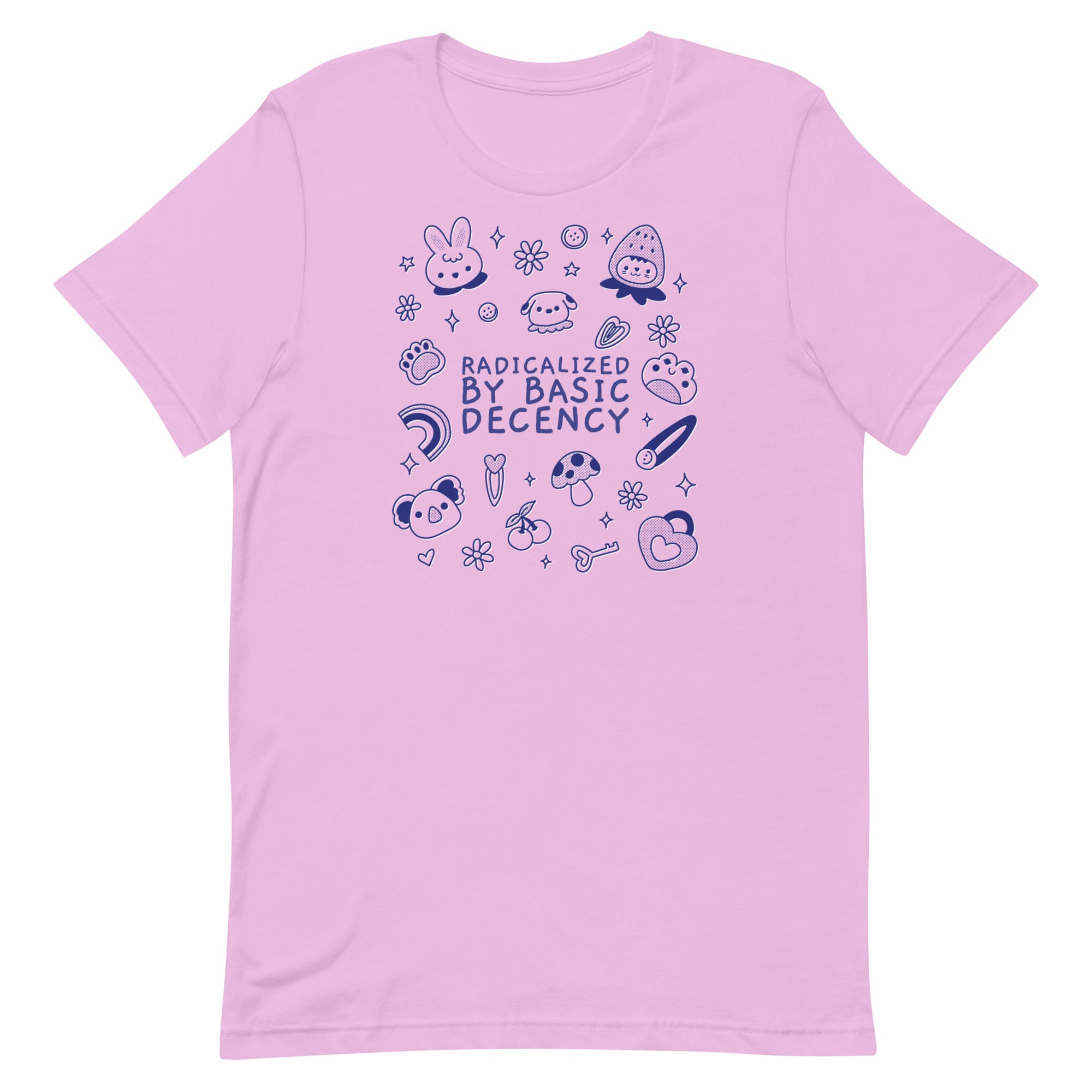 lilac political tshirt that says radicalized by basic decency in blue writing featuring cute illustrations- shop feminist trash for political clothing and feminist shirts