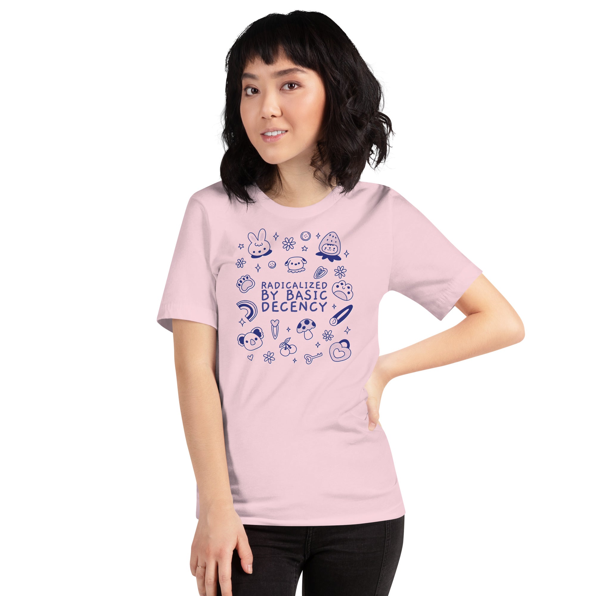 political tshirt in pink that says radicalized by basic decency in blue writing featuring cute illustrations- shop feminist trash for political clothing and acab shirts