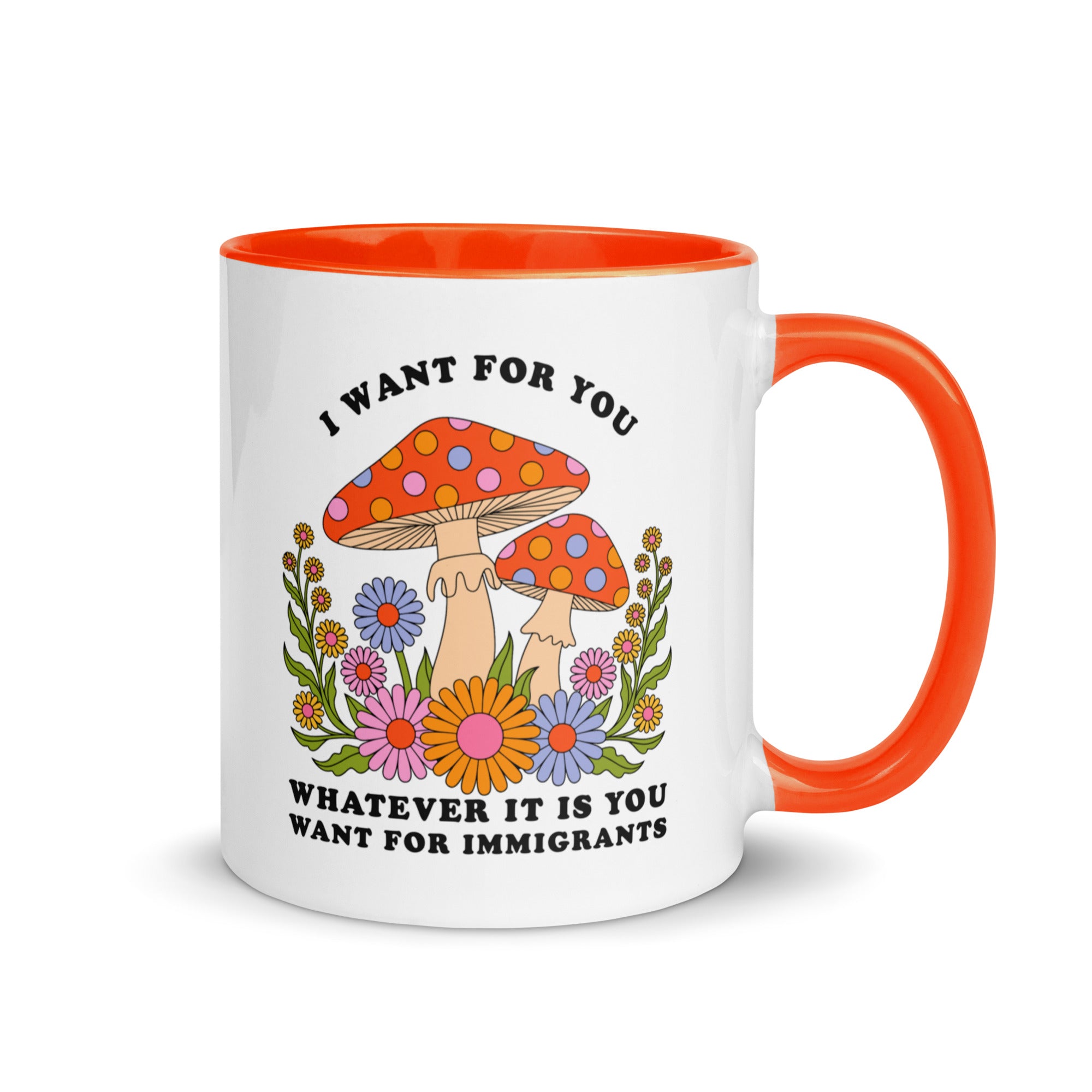 AFeminist Trash immigrants rights mug showing the vibrant orange interior and high quality botanical print